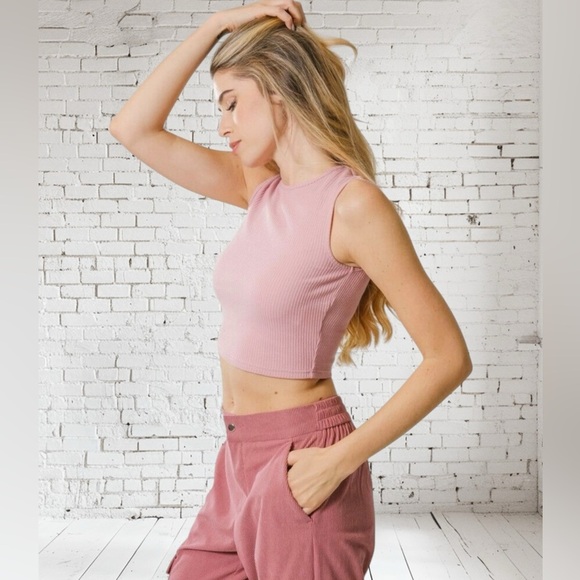 Area Stars Ribbed Crop Top Small NWT  Pink + Sleeveless Stretch | Boutique Basic - Picture 3 of 3
